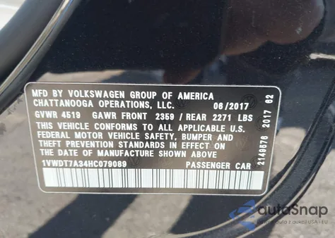 2017 Volkswagen Passat 1.8T R-Line from USA, damaged, VIN 1VWDT7A34HC079089